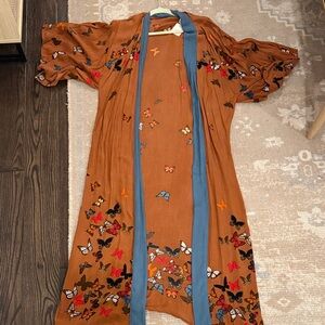 Free People Brown Kimono with Butterfly and Blue Accents